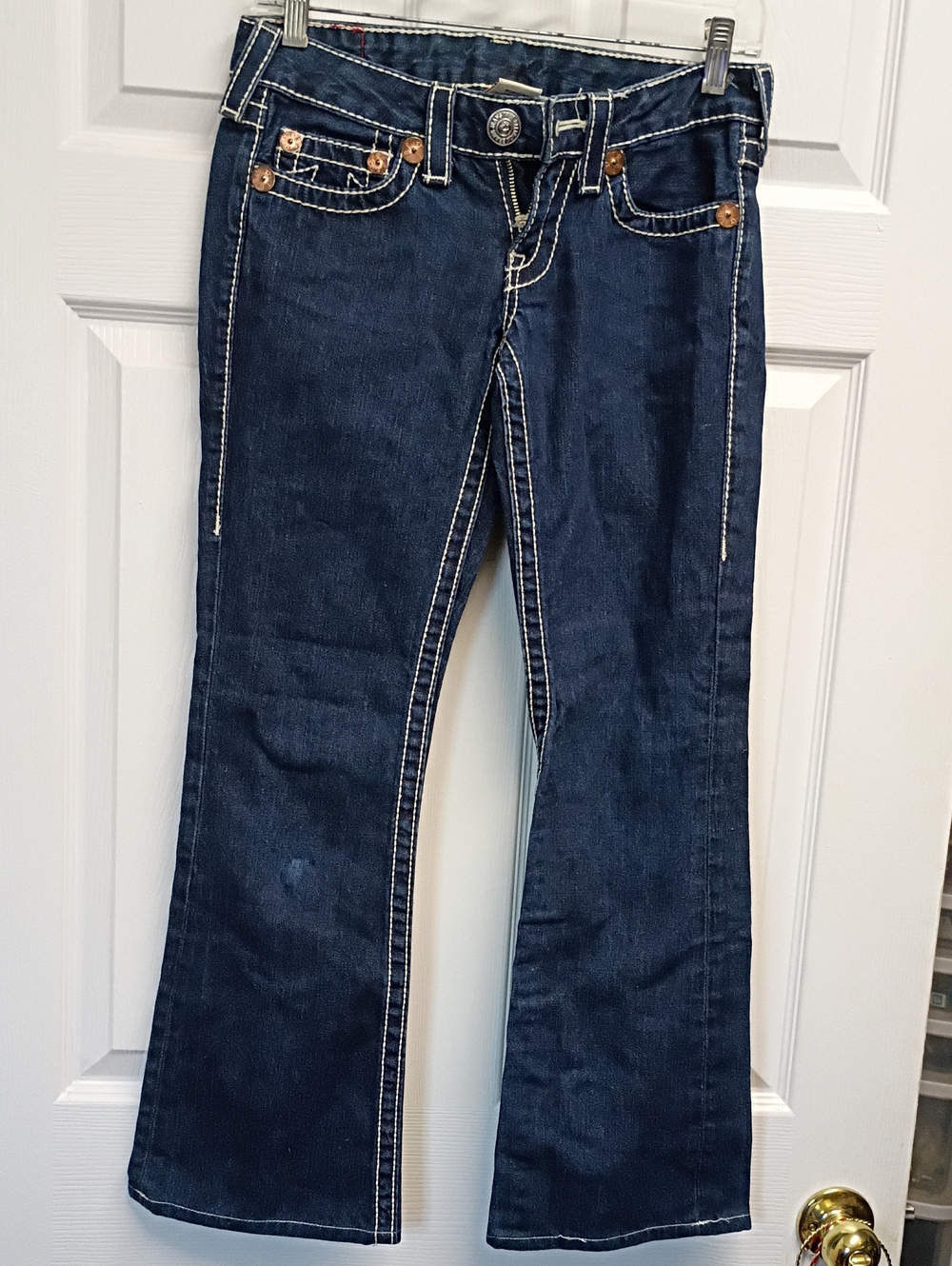 True Religion Dark Blue Wide Leg Jeans with White Contrast Stitching